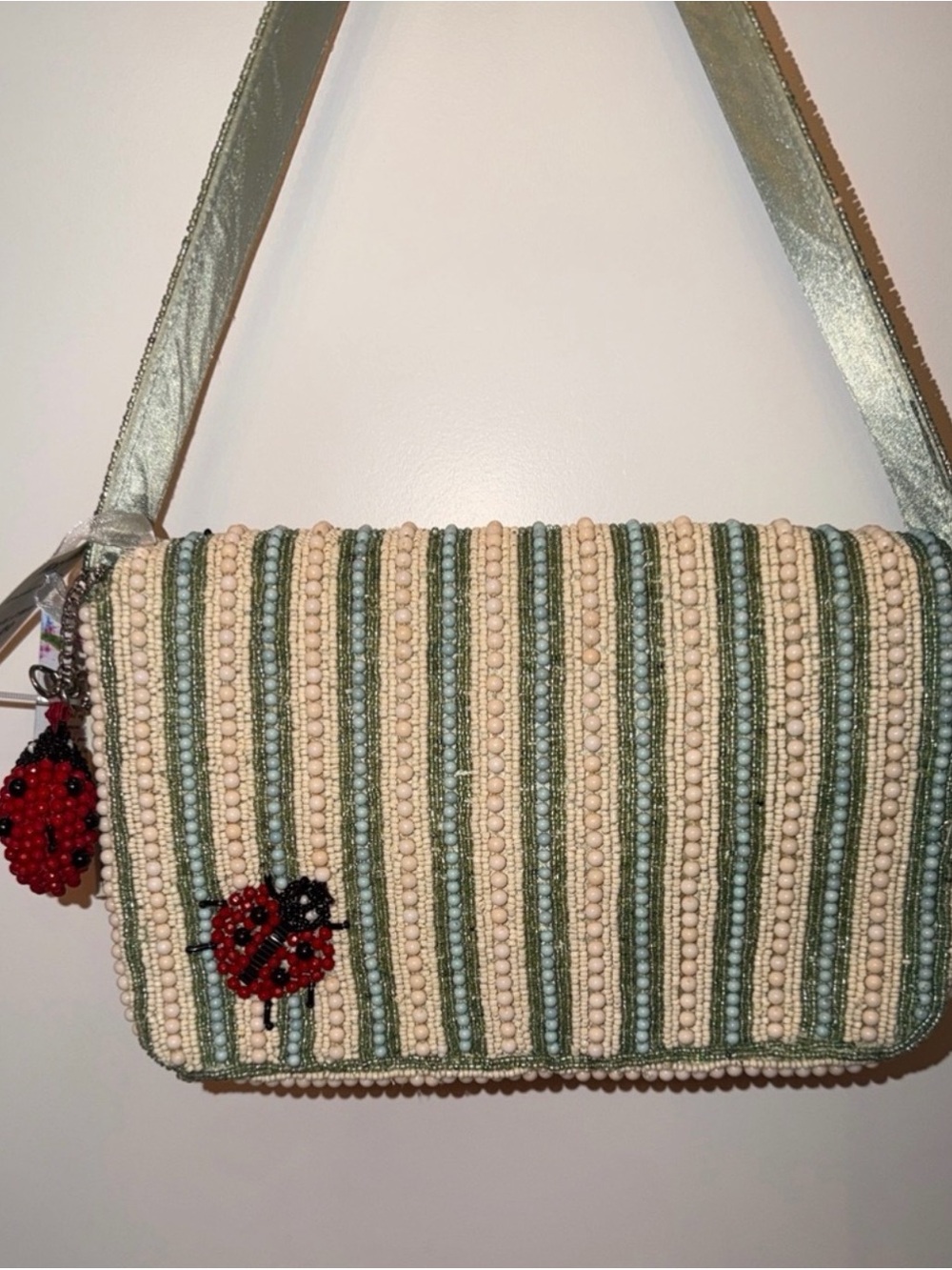 Beaded Ladybug Accent Shoulder Bag - Green and Cream - Picture 2 of 2